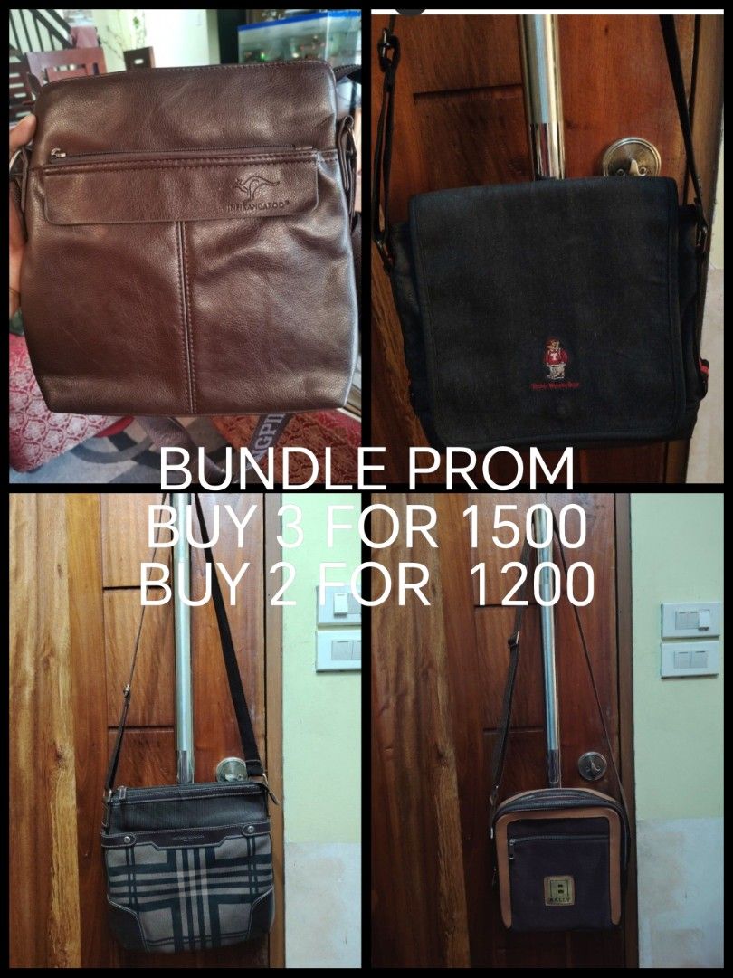 Bundle Promo Assorted Sling Bags - Buy 2 or 3 (Category: Sling Bags) located in Bulacan. Submitted by branded_murayta (Listing ID 1466774732, Image 1). Description: BUNDLE PROMO: Buy 3 for ₱1,500 | Buy 2 for ₱1,200 - Assorted trendy designs: Brown leather style, black denim with bear patch, checkered pattern, and brown-trimmed design - Features adjustable straps on every piece for a comfortable fit - Perfect and versatile for daily use - Mix and 