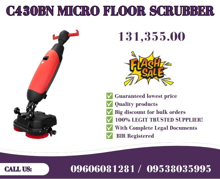 C430BN Micro Floor Scrubber Machine (Category: Construction Tools & Equipment) located in Caloocan City. Submitted by 09513227950 (Listing ID 1466835766, Image 1). Description: ●Model: C430BN ●Cleaning width: 430mm (2*8in) ●Squeegee width: 450mm ●Cleaning efficiency: 1200m2 per hour ●Solution tank capacity:4L ●Recovery tank capacity: 6.5L ●Brush pressure: around 18Kg ●Brush motor wattage: 200W(brushless) ●Vacuum suction motor power: 150W(brushles