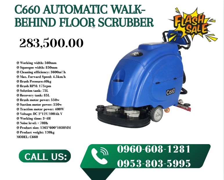C660 AUTOMATIC WALK-BEHIND FLOOR SCRUBBER (Category: Everything Else Others) located in Caloocan City. Submitted by francineja42756 (Listing ID 1466839143, Image 1). Description: Ø Working width: 560mm Ø Squeegee width: 850mm Ø Cleaning efficiency: 3600m²/h Ø Max. Forward Speed: 4.5km/h Ø Brush Pressure:40kg Ø Brush RPM: 175rpm Ø Solution tank: 75L Ø Recovery tank: 85L Ø Brush motor power: 550w Ø Suction motor power: 550w Ø Traction motor power: 