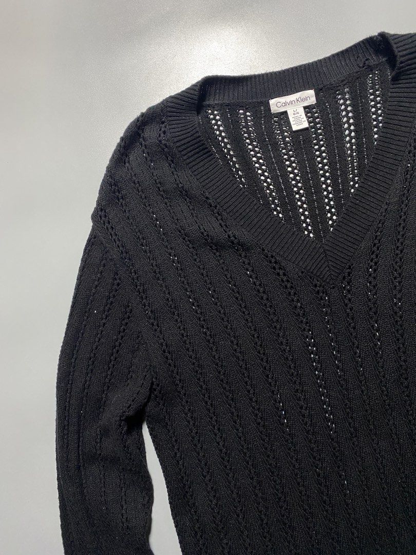 Calvin Klein Open Knitted V-neck Sweater (Category: Others Tops) located in Pasay City. Submitted by thrift.wards (Listing ID 1466921371, Image 3). Description: size large women’s width: 23 length: 27 no issue.