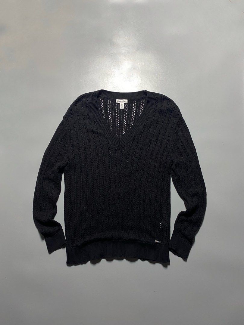 Calvin Klein Open Knitted V-neck Sweater (Category: Others Tops) located in Pasay City. Submitted by thrift.wards (Listing ID 1466921371, Image 1). Description: size large women’s width: 23 length: 27 no issue.