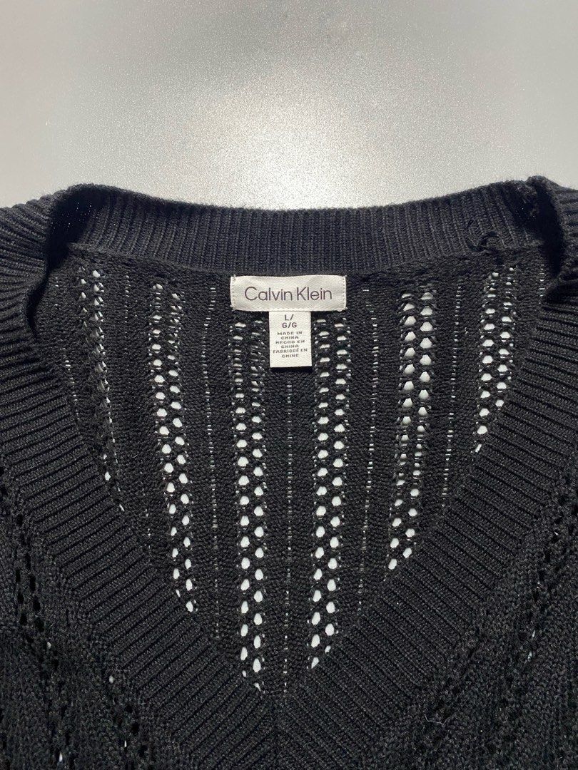 Calvin Klein Open Knitted V-neck Sweater (Category: Others Tops) located in Pasay City. Submitted by thrift.wards (Listing ID 1466921371, Image 2). Description: size large women’s width: 23 length: 27 no issue.