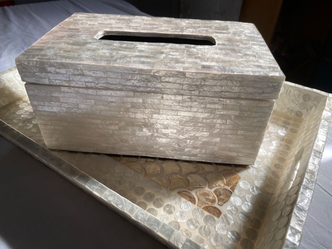 Capiz Shell Inlay Tissue Box - Decorative Home Decor (Category: Accessory Holder, Box & Organizers) located in Taguig. Submitted by lumina.2026 (Listing ID 1463956569, Image 1). Description: Onhand - Handcrafted Beautiful tissue box with capiz shell inlay. - Features intricate patterns on the sides and top. - Adds a touch of elegance to any room. - Perfect for living rooms, bedrooms, or offices. - Keep your tissues stylishly stored. -Limited stoc