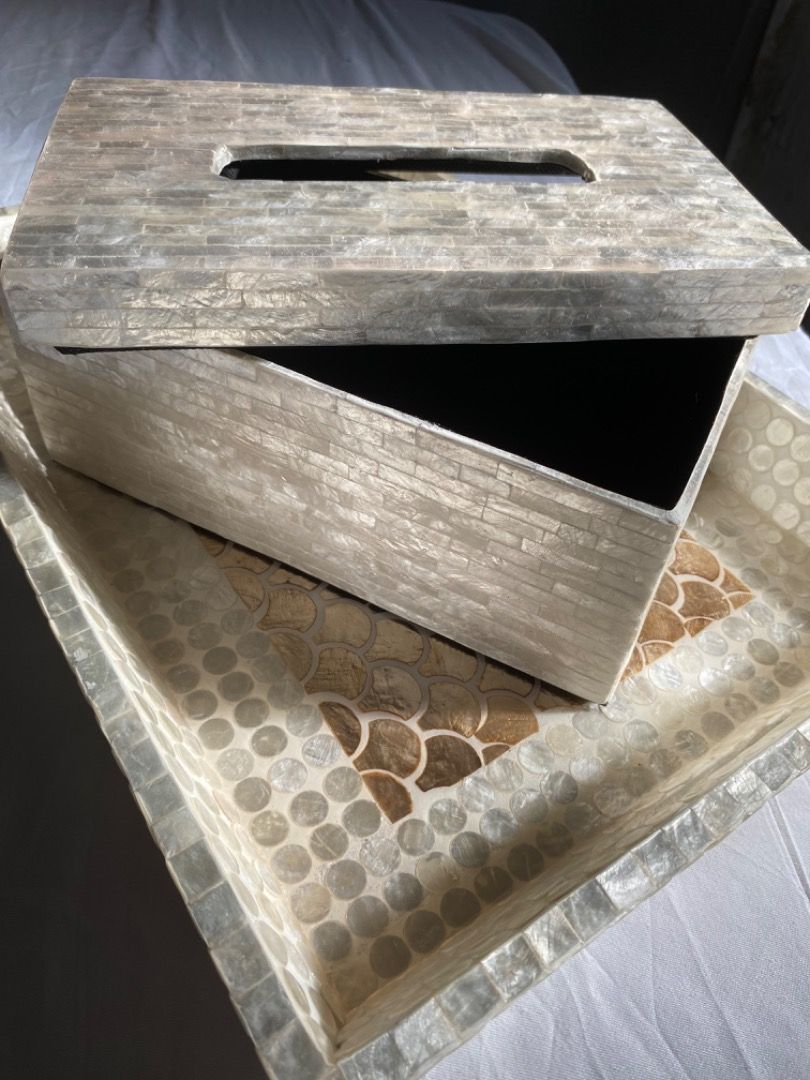 Capiz Shell Inlay Tissue Box - Decorative Home Decor (Category: Accessory Holder, Box & Organizers) located in Taguig. Submitted by lumina.2026 (Listing ID 1463956569, Image 2). Description: Onhand - Handcrafted Beautiful tissue box with capiz shell inlay. - Features intricate patterns on the sides and top. - Adds a touch of elegance to any room. - Perfect for living rooms, bedrooms, or offices. - Keep your tissues stylishly stored. -Limited stoc