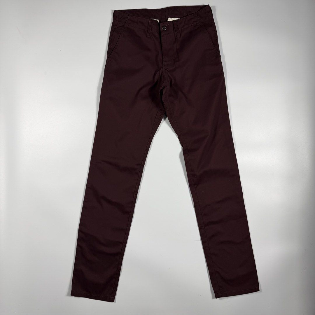 Carhartt Club Pant (Category: Jeans) located in Bacolod City. Submitted by freshstuff13 (Listing ID 1466830210, Image 2). Description: - Brand: Carhartt - Model: Club Pant - Color: Burgundy - Size: 28x32 - Material: 100% cotton twill - Closure: Button closure with zip fly - Pockets: Dual front pockets and dual buttoned welt back pockets - Details: Iconic square Carhartt brand patch on the rear pocket - Condition: Clean interior lining with printe