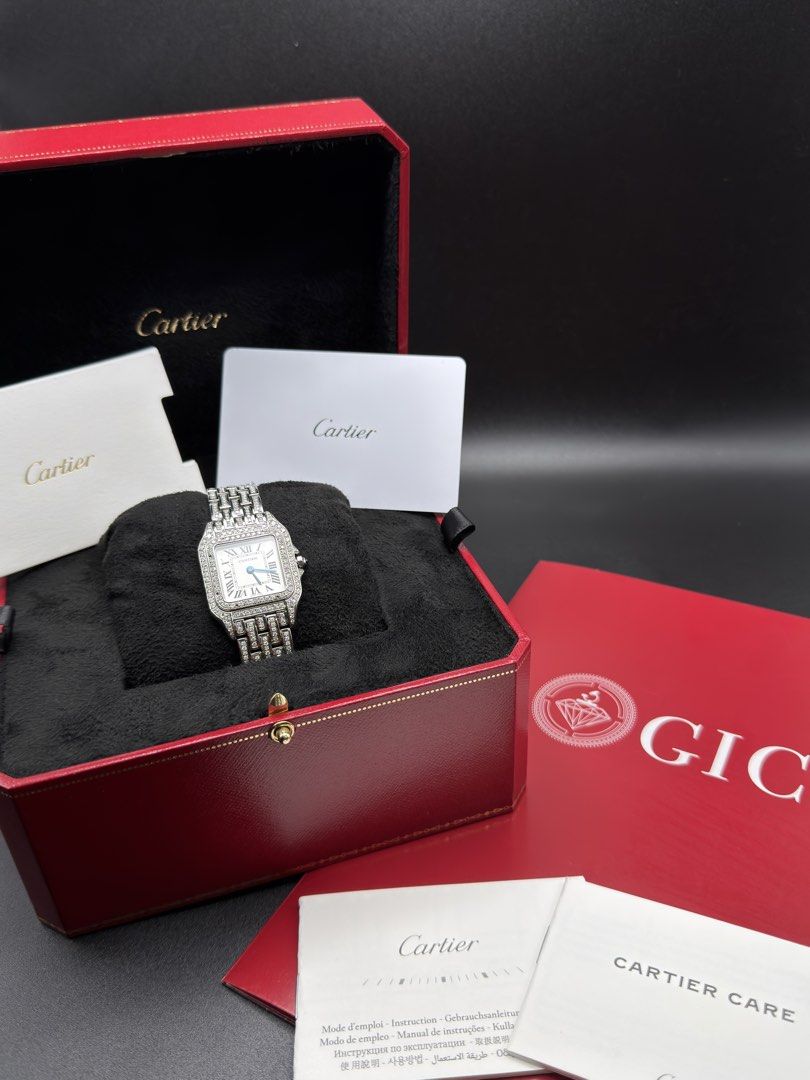 Cartier Iced Out Panthere Medium (Category: Luxury Watches) located in Manila. Submitted by kevmarfil (Listing ID 1466952749, Image 2). Description: FOR SALE 💎 ICED-OUT CARTIER PANTHÈRE MEDIUM — STEEL WSPN0007 ✨ Natural Diamonds ✅ Comes with Panotes Authentication Receipt 📜 Original GIC Lab Gem Certificate 📦 HK Setting Case & Bracelet ⚙️ Original Cartier Panthère Movement 📲 NFC / Cartier Care Card with QR 📖 Manuals Included 💰 ₱238,000 NEGOT