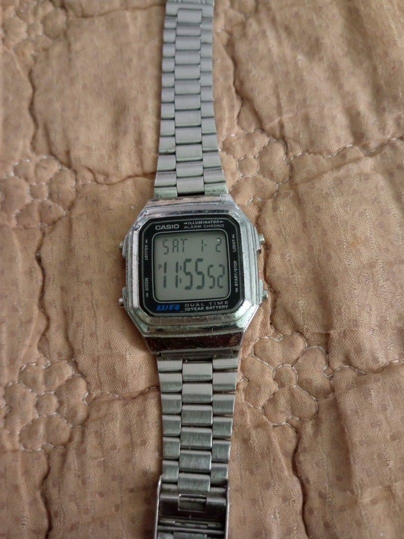 Casio A178W Vintage Digital Watch (Category: Men's Watches) located in Pasig City. Submitted by dhays27 (Listing ID 1466807228, Image 1). Description: - Model: Casio A178W with stainless steel bracelet - Features: Dual time, alarm chrono, and reliable 10-year battery - Condition: Fully working LCD screen; shows normal wear around the case bezel and buttons - Authenticity: Backplate stamped with model number and water-resistant rating - Perfect ev