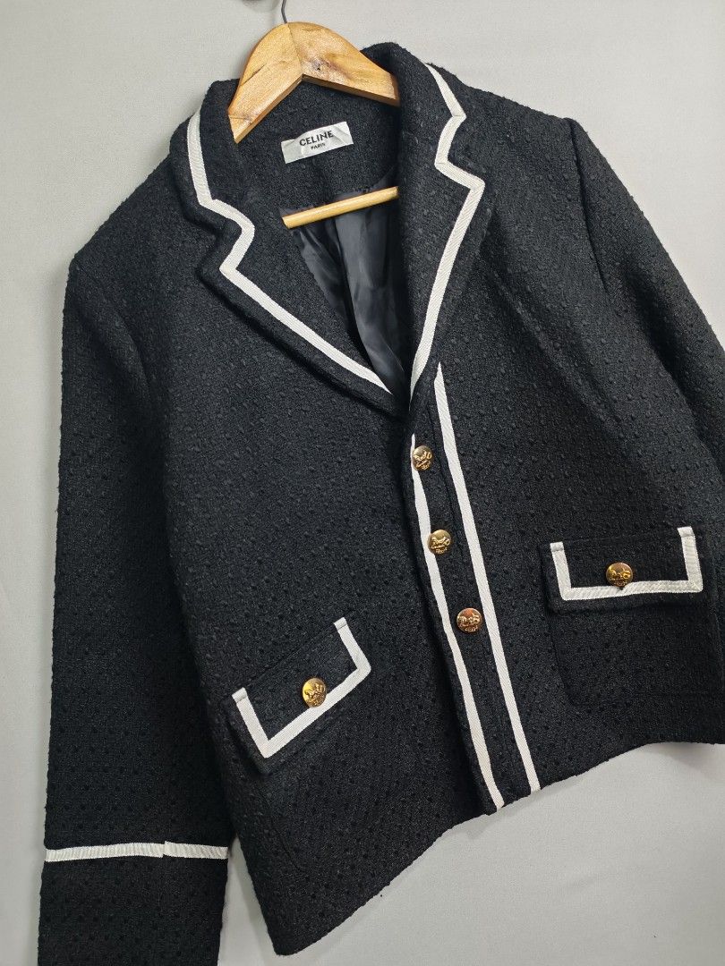 Celine Paris Tweed Blazer Jacket (Category: Luxury Apparel) located in Baguio. Submitted by luxuryph2600_eric (Listing ID 1466778505, Image 3). Description: Celine Tweed Blazer Jacket 📌 Details⬇️⬇️⬇️ 📍Excellent Condition 📍Dimes 23*26 📍Color Rate 10/10 📍Size Large 💰 PRICE 2500 FREE SHIPING 📌Loc. Baguio City Shipping Via J&T Reminder : Items are Thrifted and carefully Selected from Thrift Stores/Box/Bales Photos are Provided for Self Authent