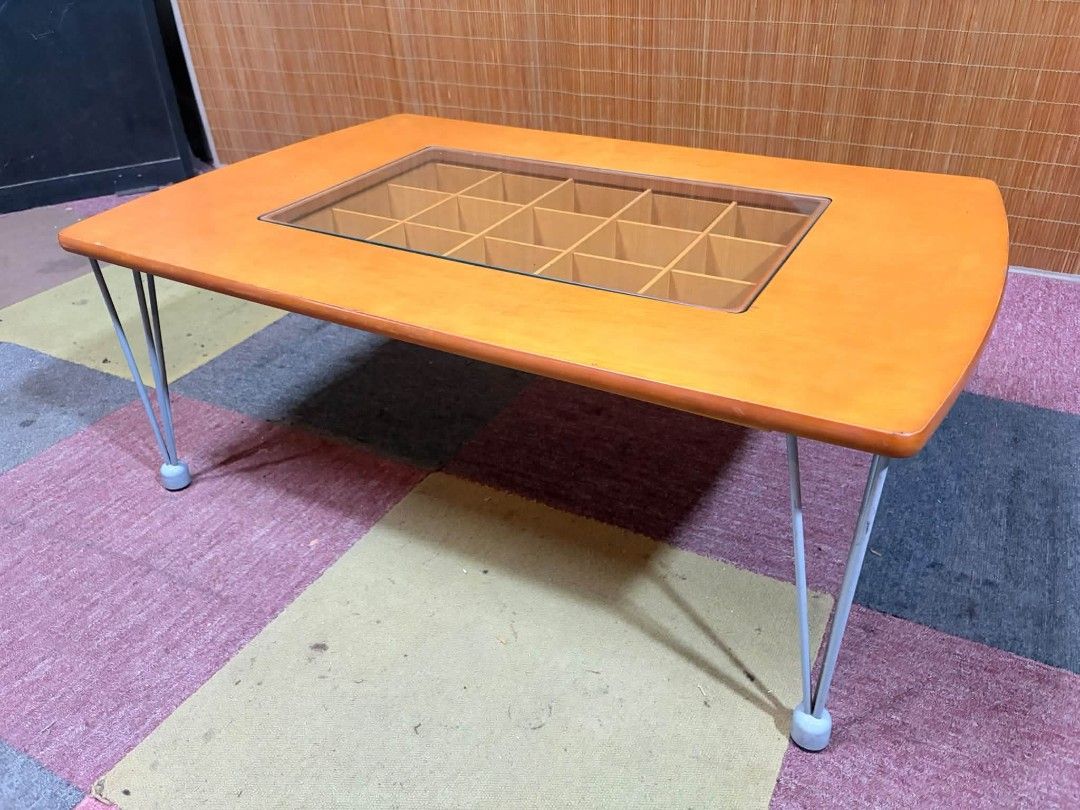 Center Table (Category: Tables & Sets) located in Meycauayan. Submitted by marygracecasimiro (Listing ID 1466817842, Image 1). Description: Retro-Modern Glass Displayer Coffee Table SOLID WOOD TOP CENTER TABLE!!! GLASS GRID COMPARTMENT DISPLAY TRAY!!! PULLOUT DRAWER!!! REMOVABLE GRID!!! ANGLED METAL LEGS!!! HEAVY-DUTY!!! Price : 3900 ✅ 35L x 24W x 13H inches In VERY good condition 🩷.