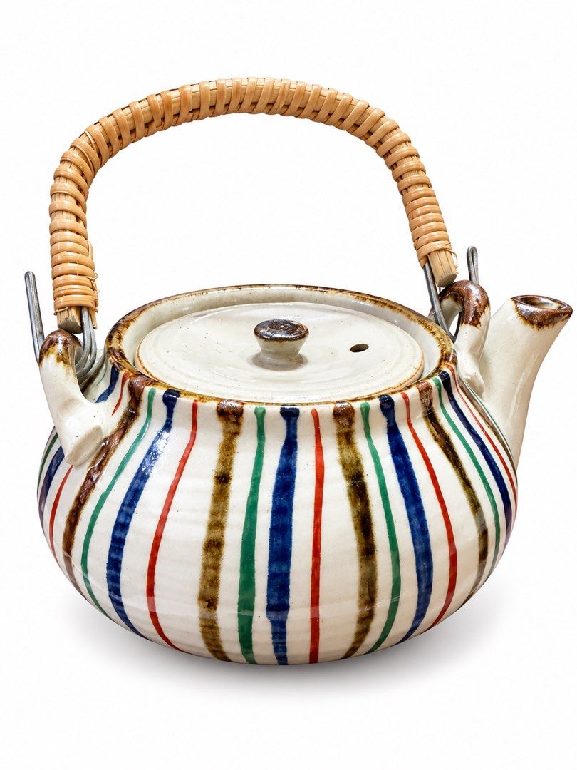 Ceramic Teapot with Woven Bamboo Handle and Striped Pattern (Category: Coffee & Tea Tableware) located in Manila. Submitted by lynnalec25 (Listing ID 1466814457, Image 1). Description: - Material: High-quality ceramic with a handmade aesthetic - Design: Colorful vertical stripes in blue, red, green, and brown - Features: Matching lid with steam vent, side spout, and a woven bamboo handle attached with metal brackets - Perfect for: Daily tea sessi