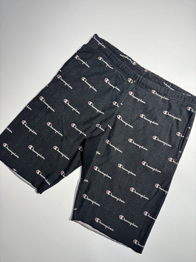 Champion All-Over Print Black Shorts (Category: Shorts) located in Cavite. Submitted by dracokidstuff (Listing ID 1466838496, Image 2). Description: - Brand: Champion - Color/Pattern: Black with all-over logo print - Material: Soft and comfortable cotton blend - Features: Elastic waistband for a secure, adjustable fit - Style: Trendy streetwear piece, great for casual everyday wear - Measurements (approximate): * Waist width: 16.5 inches * Length