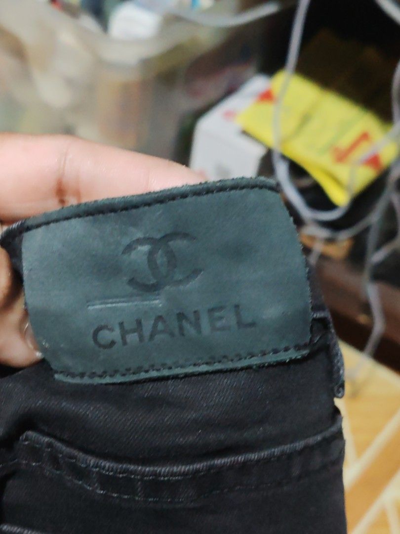 Chanel (Category: Luxury Apparel) located in Manila. Submitted by ritzselect26 (Listing ID 1466879974, Image 3). Description: Chanel bkack denim pants Embroided logo at the right back pocket Size 27 on tag Strechable, skinny Waist in tape measure 28 inches not stretch Lenght is 37 inches Hem is 5 inches.