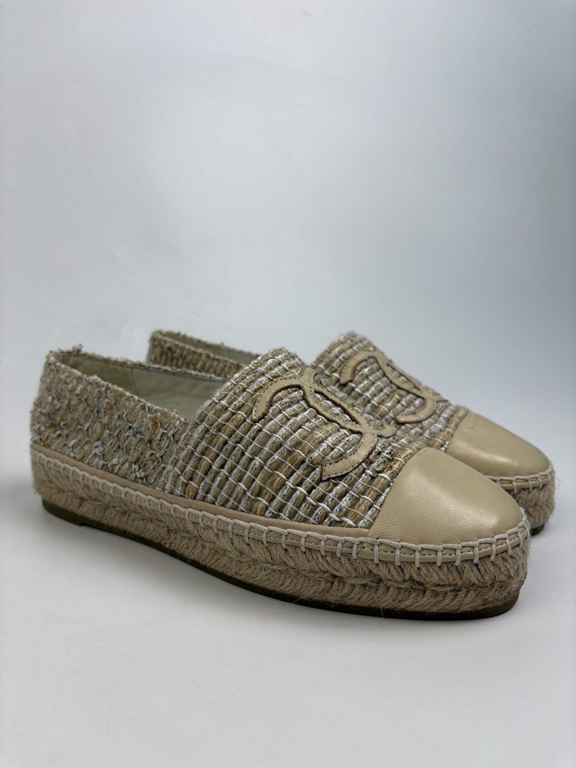 Chanel Biscuit Tweed Espadrilles (Category: Flats & Sandals) located in Cavite. Submitted by sc_rcity (Listing ID 1466836060, Image 2). Description: Tagged Size : 36 EU Women’s Like New Minimal Sign of Wear Made in Spain No Inclusion | No Box | No Dustbags featuring a woven tweed upper, a leather cap-toe, and the iconic interlocking CC logo. Biscuit / Beige tweed with leather trim and traditional jute braid sole..