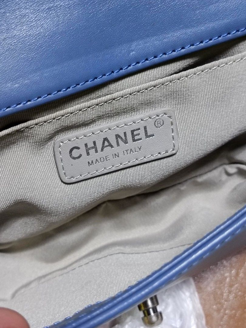 Chanel Boy Bag Quilted Blue Leather (Category: Luxury Bags & Wallets) located in Lucena. Submitted by jeankristi73450 (Listing ID 1466950367, Image 3). Description: -Please see detailed pictures - Chanel Boy Bag in gorgeous blue quilted leather - Silver-tone hardware with iconic CC push lock closure - Comfortable chain strap with leather shoulder guard - Light fabric-lined interior with 'Chanel Made in Italy' leather tag - Condition: Minor scratc