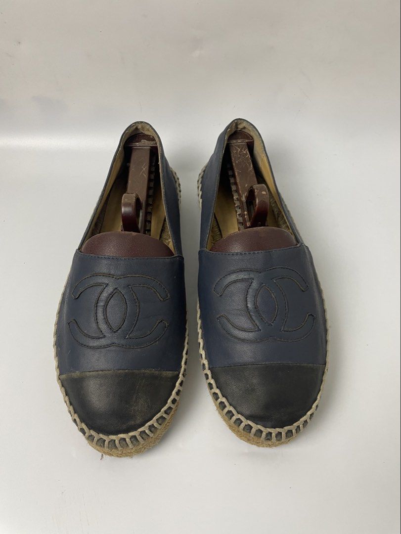 Chanel Leather CC Espadrilles Navy Black Flats (Category: Sneakers & Footwear) located in Manila. Submitted by rdtp2 (Listing ID 1466935205, Image 3). Description: size 38 flaw fade color leather 9/10.