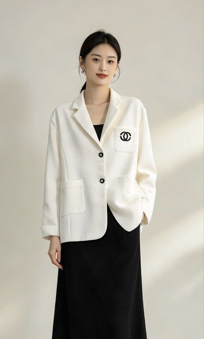 Chanel White Blazer with Black CC Logo Pocket (Category: Coats, Jackets and Outerwear) located in Paranaque City. Submitted by mykapoynton (Listing ID 1466958420, Image 1). Description: Chanel White Blazer with Black CC Logo Pocket - Design: Classic lapel collar with a two-button front closure - Pockets: Two functional front patch pockets - Interior: Fully lined with white fabric and features the official Chanel brand label at the back neck - Sle