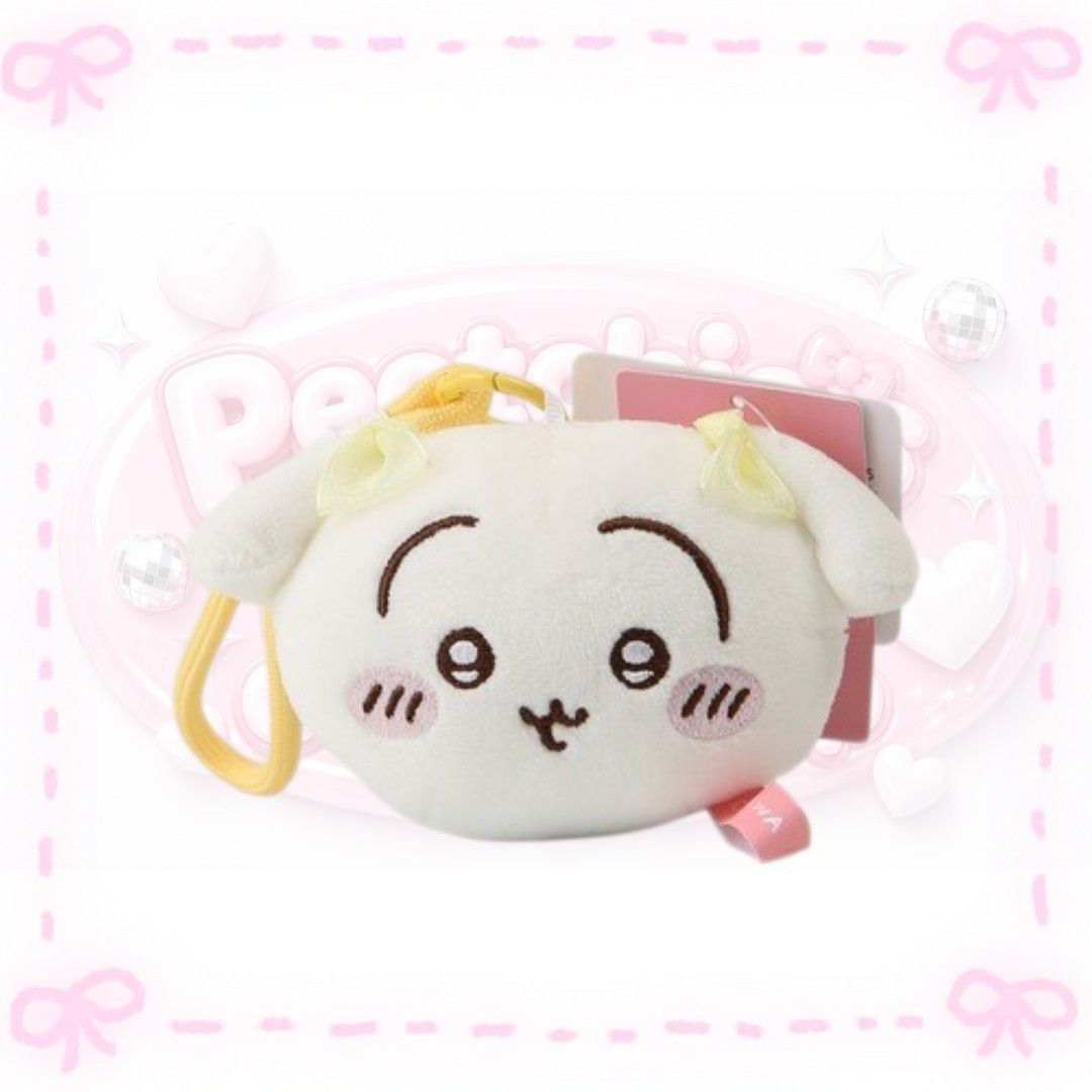 Chiikawa Plush Pouch Bag Charm (Category: Plushies & Soft Toys) located in Sorsogon. Submitted by mitchelle0425 (Listing ID 1466857379, Image 1). Description: Fluffy Chiikawa character plush pouch. White body with pink blushing cheeks, embroidered eyes, and tiny yellow ribbons on the ears. Includes a yellow strap handle and original paper tag attached. Soft material, compact size for coins or small trinkets..