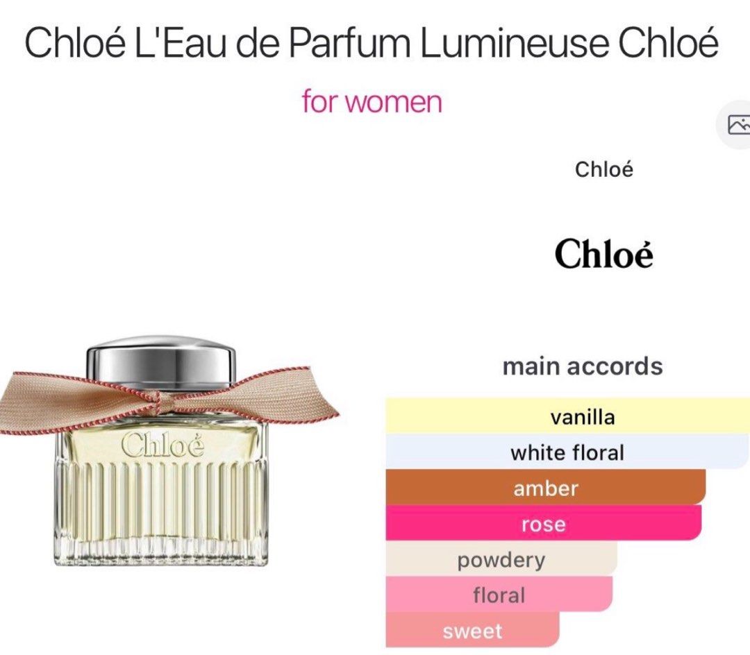 Chloé L'Eau de Parfum Lumineuse 5ml (Category: Fragrance & Deodorants) located in Pasig City. Submitted by fashionforward16 (Listing ID 1466923724, Image 3). Description: - Authentic Chloé L'Eau de Parfum Lumineuse miniature - Size: 5ml bottle, comes with original box - Fragrance notes: Vanilla, white floral, amber, rose, powdery, floral, and sweet accords - Perfect trial size or convenient for travel - 100% authentic and brand new.