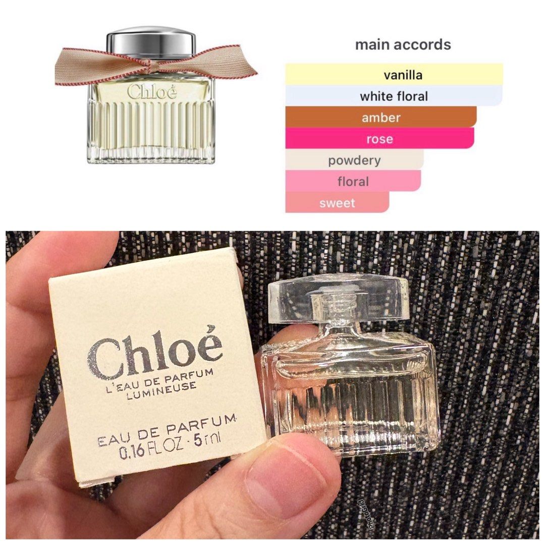 Chloé L'Eau de Parfum Lumineuse 5ml (Category: Fragrance & Deodorants) located in Pasig City. Submitted by fashionforward16 (Listing ID 1466923724, Image 1). Description: - Authentic Chloé L'Eau de Parfum Lumineuse miniature - Size: 5ml bottle, comes with original box - Fragrance notes: Vanilla, white floral, amber, rose, powdery, floral, and sweet accords - Perfect trial size or convenient for travel - 100% authentic and brand new.