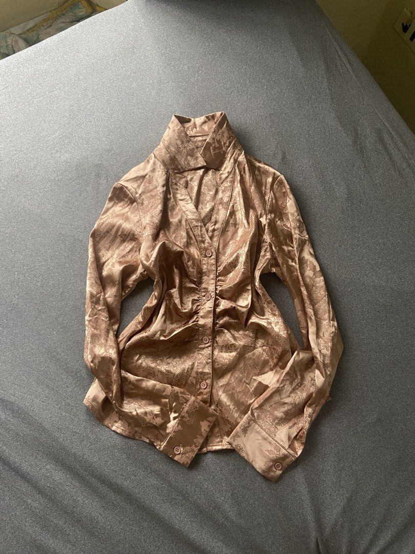 CIDER Champagne Longsleeve Button-down Blouse (Category: Longsleeves) located in Pasig City. Submitted by ellerarissime (Listing ID 1466830719, Image 1). Description: RFS: Decluttering. Size: Small-Medium Sales are slightly negotiable. PM for more item inquiries. Loc: Pasig (Santolan Area).