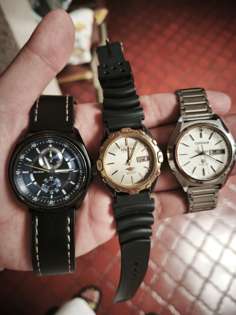 Citizen Crystron, Eco Drive, Promaster Lefty Diver (Category: Men's Watches) located in Manila. Submitted by raffy.dlc (Listing ID 1466780824, Image 1). Description: FS: Citizen Crystron, Automatic, Eco Drive and Promaster Lefty Diver Citizen Crystron, white patina dial, Japan Kanji PHP 1,600 Citizen Automatic, Gold Dial with Rubber strap, Japan Kanji PHP 2,500 Citizen Eco Drive, big face Blue Dial with new leather strap PHP 3,200 Citizen Promast