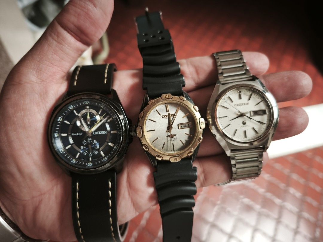 Citizen Crystron, Eco Drive, Promaster Lefty Diver (Category: Men's Watches) located in Manila. Submitted by raffy.dlc (Listing ID 1466780824, Image 2). Description: FS: Citizen Crystron, Automatic, Eco Drive and Promaster Lefty Diver Citizen Crystron, white patina dial, Japan Kanji PHP 1,600 Citizen Automatic, Gold Dial with Rubber strap, Japan Kanji PHP 2,500 Citizen Eco Drive, big face Blue Dial with new leather strap PHP 3,200 Citizen Promast
