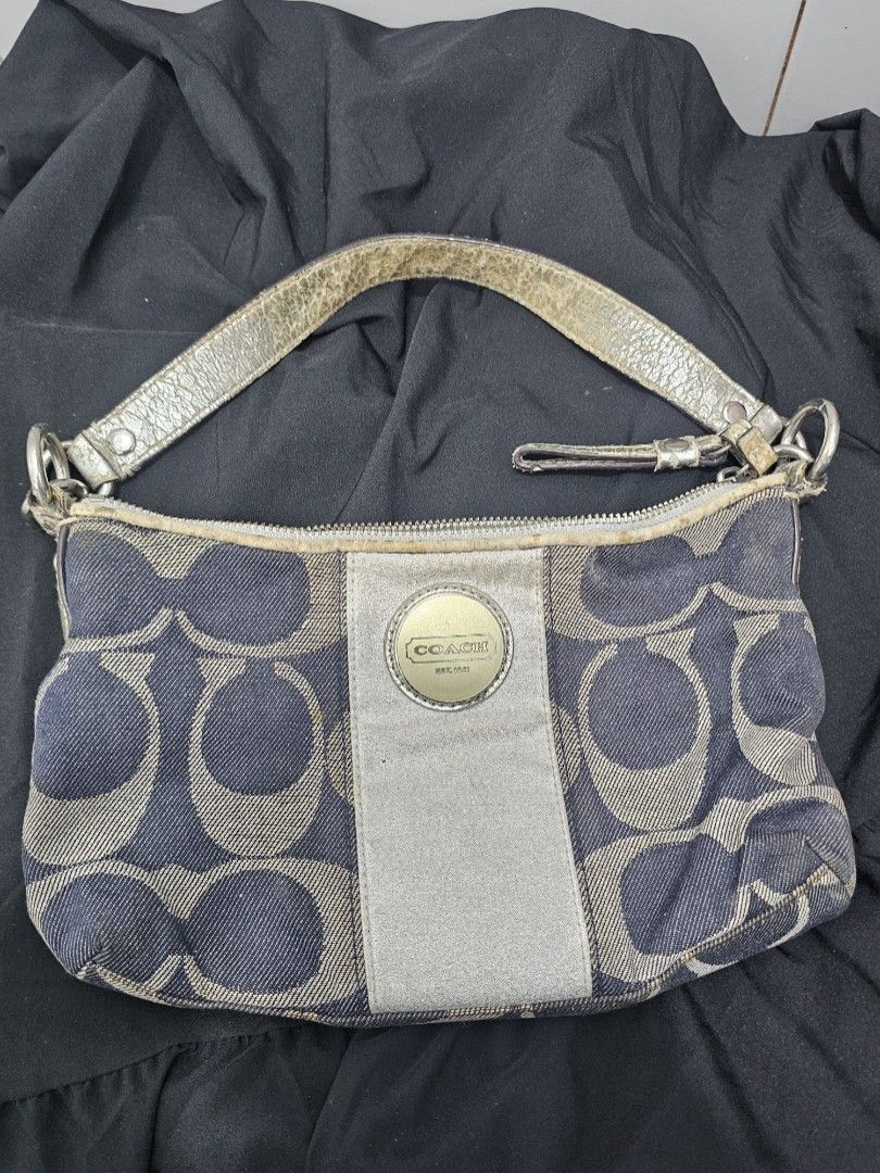 Coach denim stripe demi bag (Category: Shoulder Bags) located in Manila. Submitted by shopaholicmimi (Listing ID 1466949222, Image 1). Description: 📍Vintage Coach Signature Denim Stripe Demi Pouch / Shoulder Bag (F17439) 📍preloved with flaws (please see photos) 📍Condition: Fair / Well-Loved. Denim fabric body is intact and clean. However, please note that the metallic silver leather handle, zipper pull, and top trim are experiencing significan