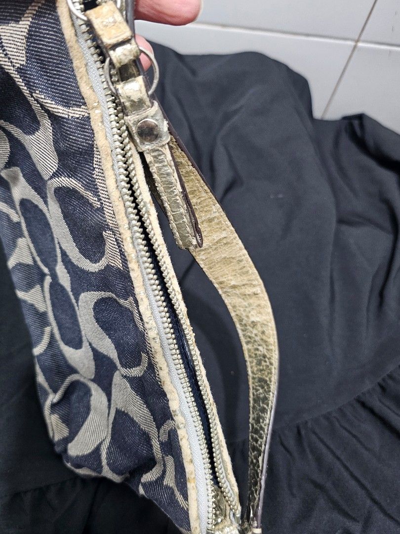 Coach denim stripe demi bag (Category: Shoulder Bags) located in Manila. Submitted by shopaholicmimi (Listing ID 1466949222, Image 3). Description: 📍Vintage Coach Signature Denim Stripe Demi Pouch / Shoulder Bag (F17439) 📍preloved with flaws (please see photos) 📍Condition: Fair / Well-Loved. Denim fabric body is intact and clean. However, please note that the metallic silver leather handle, zipper pull, and top trim are experiencing significan