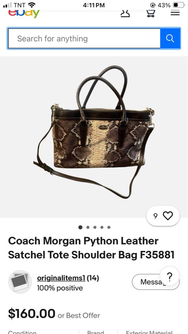COACH MORGAN PYTHON LEATHER SATCHEL BAG (Category: Cross-body Bags) located in General Mariano Alvarez. Submitted by adonid (Listing ID 1466857805, Image 2). Description: COACH MORGAN PYTHON LEATHER SATCHEL BAG GOOD CONDITION NORMAL SIGN OF USAGE ONLY.