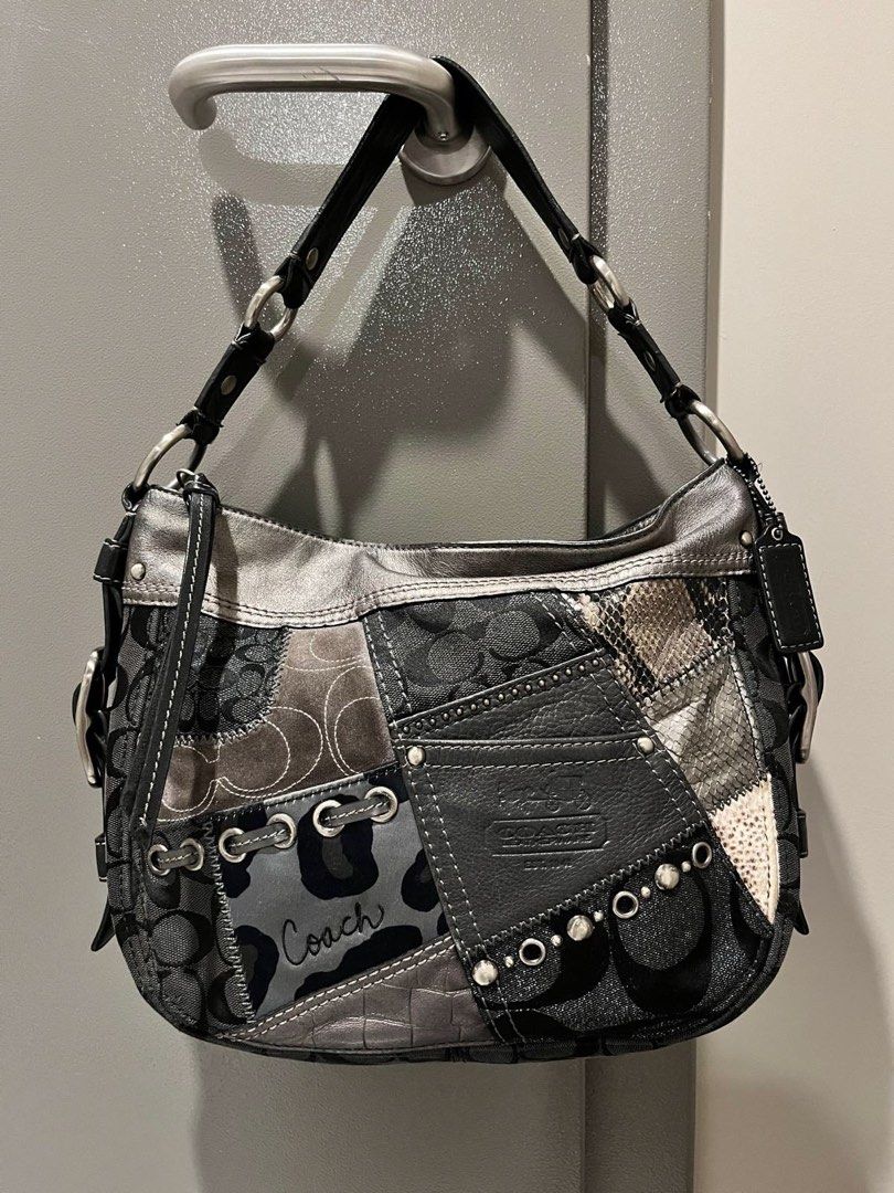 Coach Patchwork Signature Shoulder Bag Black Silver (Category: Luxury Bags & Wallets) located in Puerto Princesa. Submitted by live.dizee (Listing ID 1466890100, Image 1). Description: - Authentic Coach signature patchwork shoulder bag - Colorway: Black, grey, and silver tones - Mixed textures: Suede, snakeskin print, leather, grommets, and leopard spots - Features a single strap with silver hardware and top zip closure - Includes signature hangi