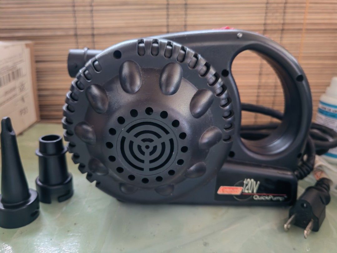 Coleman 120V QuickPump Air Pump with Nozzles (Category: Hiking & Camping) located in Trece Martires City. Submitted by chipmaster74 (Listing ID 1466780369, Image 1). Description: - Authentic Coleman 120V QuickPump, tested and 100% working normally - Fast inflation and deflation for air beds, pool floats, and camping gear - Plugs conveniently into standard wall outlets - Includes 2 different nozzle attachments to fit various valve types - Compact 