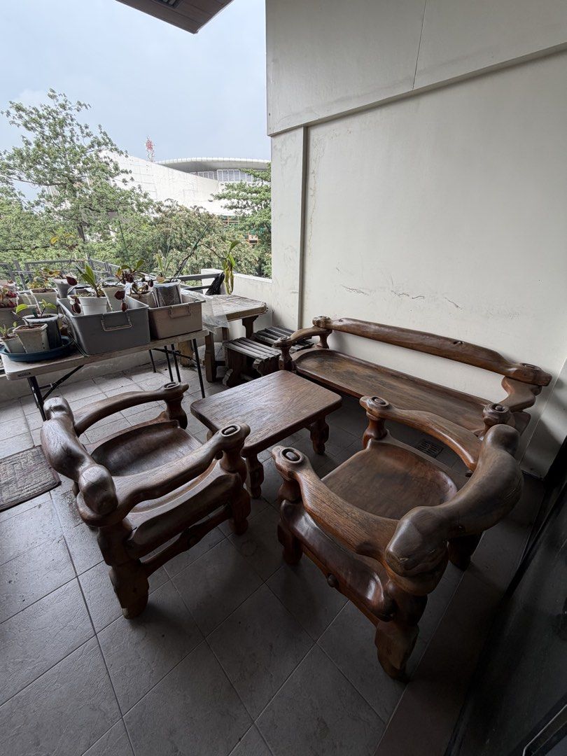 Collectors Item - Molave Sala Set (Category: Tables & Sets) located in Quezon City. Submitted by jennieymatareb (Listing ID 1466912135, Image 1). Description: Collectors Items ‼️ Vintage Molave Sala Set In excellent condition Super heavy Included: Long bench , 2 chairs and 1 center table Pick up at QC .