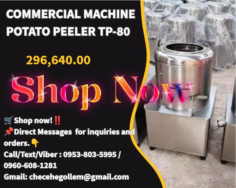 Commercial Machine Potato Peeler TP-80 (Category: Everything Else Others) located in Caloocan City. Submitted by liezelmonl80299 (Listing ID 1466834895, Image 1). Description: ●Model: TP-80 ●Power/Voltage: 2.2kw/380v ●Weight: 130kg ●Dimension: 880*960*1000mm ●Capacity: 800kg/h .