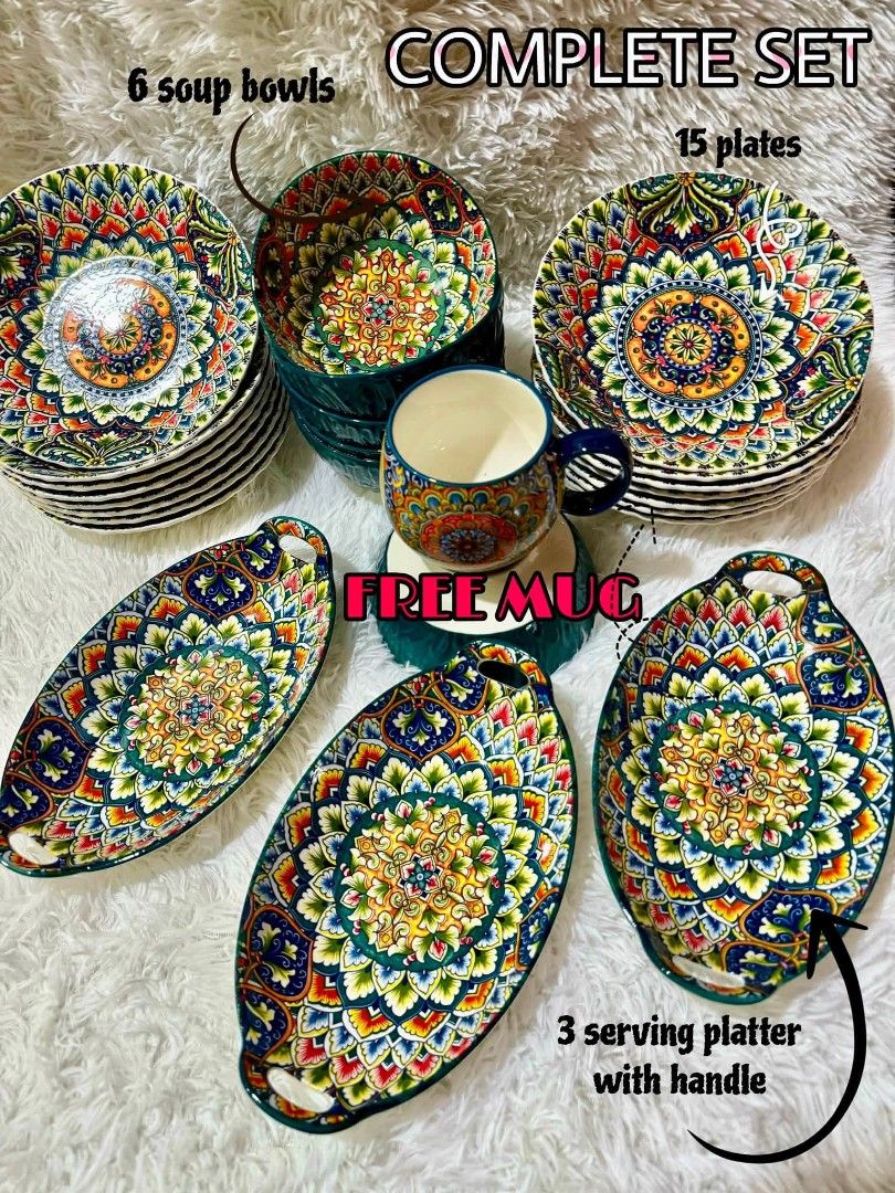 Complete colorful mandala pattern dinnerware set with free mug (Category: Dinnerware & Cutlery) located in Paranaque City. Submitted by allisberry (Listing ID 1466843839, Image 1). Description: - Vibrant mandala dining set in rich blue, yellow, and red tones - Made of durable, high-quality ceramic with intricate detailing on every piece - Set includes: 15 plates, 6 soup bowls, and 3 serving platters with side handles - FREE bonus: 1 matching coff