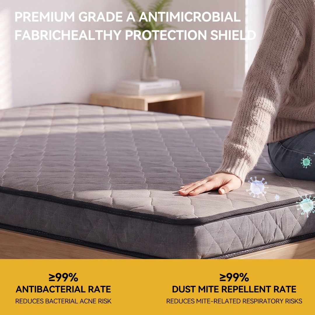 COMPRESSED FOAM MATTRESS- Comportable ,Space-Saving, and Affordable (Category: Bed Frames & Mattresses) located in Manila. Submitted by rarewhale_487098 (Listing ID 1466858606, Image 1). Description: - Scientific deep sleep mattress with a stylish neutral grey quilted cover - Breathable cooling fabric to keep you comfortable all night - Zero-motion pocketed springs prevent disturbance from tossing and turning - Firm coconut coir layer for optimal