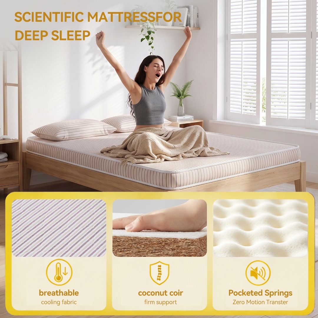 COMPRESSED FOAM MATTRESS- Comportable ,Space-Saving, and Affordable (Category: Bed Frames & Mattresses) located in Manila. Submitted by rarewhale_487098 (Listing ID 1466858606, Image 3). Description: - Scientific deep sleep mattress with a stylish neutral grey quilted cover - Breathable cooling fabric to keep you comfortable all night - Zero-motion pocketed springs prevent disturbance from tossing and turning - Firm coconut coir layer for optimal