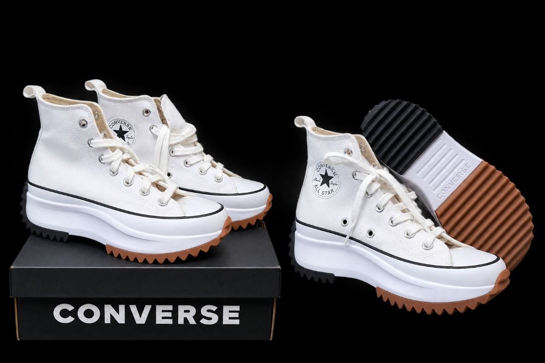 Converse Run Star Hike High Top White (Category: Sneakers) located in Quezon City. Submitted by pyress (Listing ID 1466921398, Image 1). Description: - Brand: Converse - Style: White canvas high top sneakers - Sole: Chunky platform with black and gum brown jagged rubber tread - Details: Classic Chuck Taylor ankle patch logo - Inclusions: Comes with original laces and original black shoebox - Condition: With minor discoloration(storage issue) - si