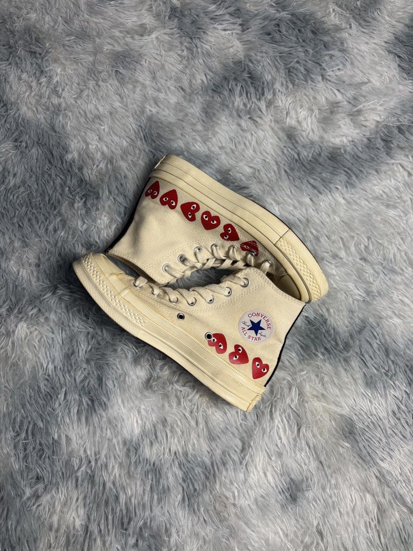 Converse x CDG High (Category: Sneakers) located in Taguig. Submitted by mrwickjohn67 (Listing ID 1466967068, Image 1). Description: Excellent. Orig almost no heel drags with very minimal sole seps Parchment color rate 9.5/10 Orig lace and insole pa din Size: fits 6-6.5W .