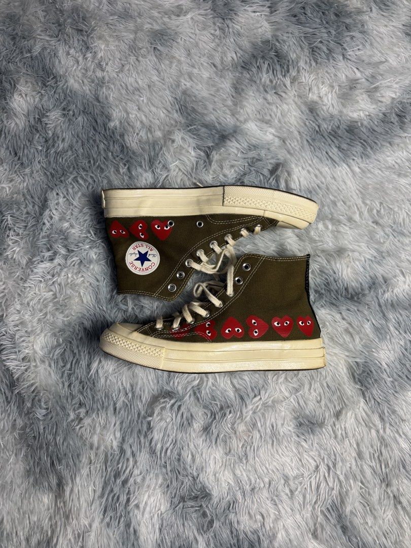 Converse X CDG High (Category: Sneakers) located in Taguig. Submitted by mrwickjohn67 (Listing ID 1466967115, Image 1). Description: Excellent. Orig very minimal heel drags no sole seps color rate 10/10 Orig lace and insole pa din Size: fits 8M/9.5W.