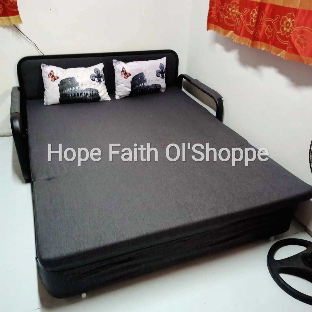 Convertible Sofa Bed Pull Out Bed With Pillows (Category: Sofas) located in Manila. Submitted by jamfrimzy089458 (Listing ID 1466836844, Image 1). Description: - 2-in-1 convertible design: easily transforms from a stylish couch into a comfortable bed-with storage - Sturdy build featuring a strong metal frame with supportive wooden slats - Includes two matching accent pillows - Available in 2 versatile colors: Dark Grey and Light Grey - Offered in