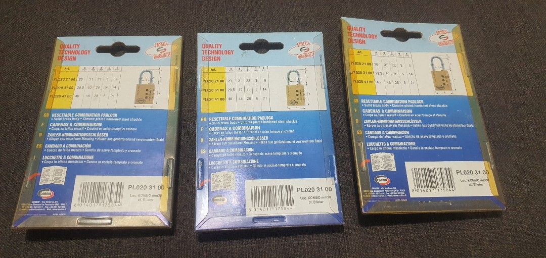 Corbin Kombo Resettable Combination Padlock Bundle with Pierre Cardin Lock (Category: Locks, Doors & Gates) located in Abucay. Submitted by hornets0000 (Listing ID 1466837211, Image 2). Description: 🔥 PREMIUM PADLOCK BUNDLE SALE – BRAND NEW & SEALED 🔥 For sale: Corbin Kombo Solid Brass Combination Padlocks (Set of 3) P1,000 slightly negotiable PLUS: 1 PC FREE PIERRE CARDIN TRAVEL LOCK! 🎁 Lahat ay 100% Brand New, Sealed, at nasa orihinal na pac