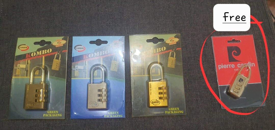 Corbin Kombo Resettable Combination Padlock Bundle with Pierre Cardin Lock (Category: Locks, Doors & Gates) located in Abucay. Submitted by hornets0000 (Listing ID 1466837211, Image 3). Description: 🔥 PREMIUM PADLOCK BUNDLE SALE – BRAND NEW & SEALED 🔥 For sale: Corbin Kombo Solid Brass Combination Padlocks (Set of 3) P1,000 slightly negotiable PLUS: 1 PC FREE PIERRE CARDIN TRAVEL LOCK! 🎁 Lahat ay 100% Brand New, Sealed, at nasa orihinal na pac