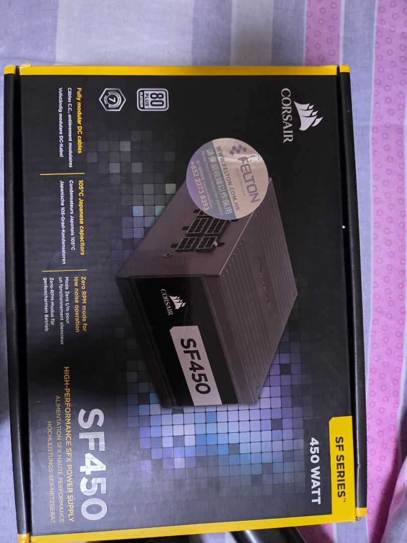 Corsair 海盜船 SF450 SFX 450W 電源供應器 （分類：電腦周邊產品）位於 Hong Kong。 由 momokitsui 提交（商品編號 1466904821，圖片 1）。簡介： Corsair 海盜船 SF450 450W SFX 火牛，80 PLUS Platinum 白金牌認證，全模組設計。跟埋原裝黑線，仲有一袋紅色訂製線。有原裝盒同說明書，行貨 Felton 代理。部機運作正常，換大火牛所以放售。。