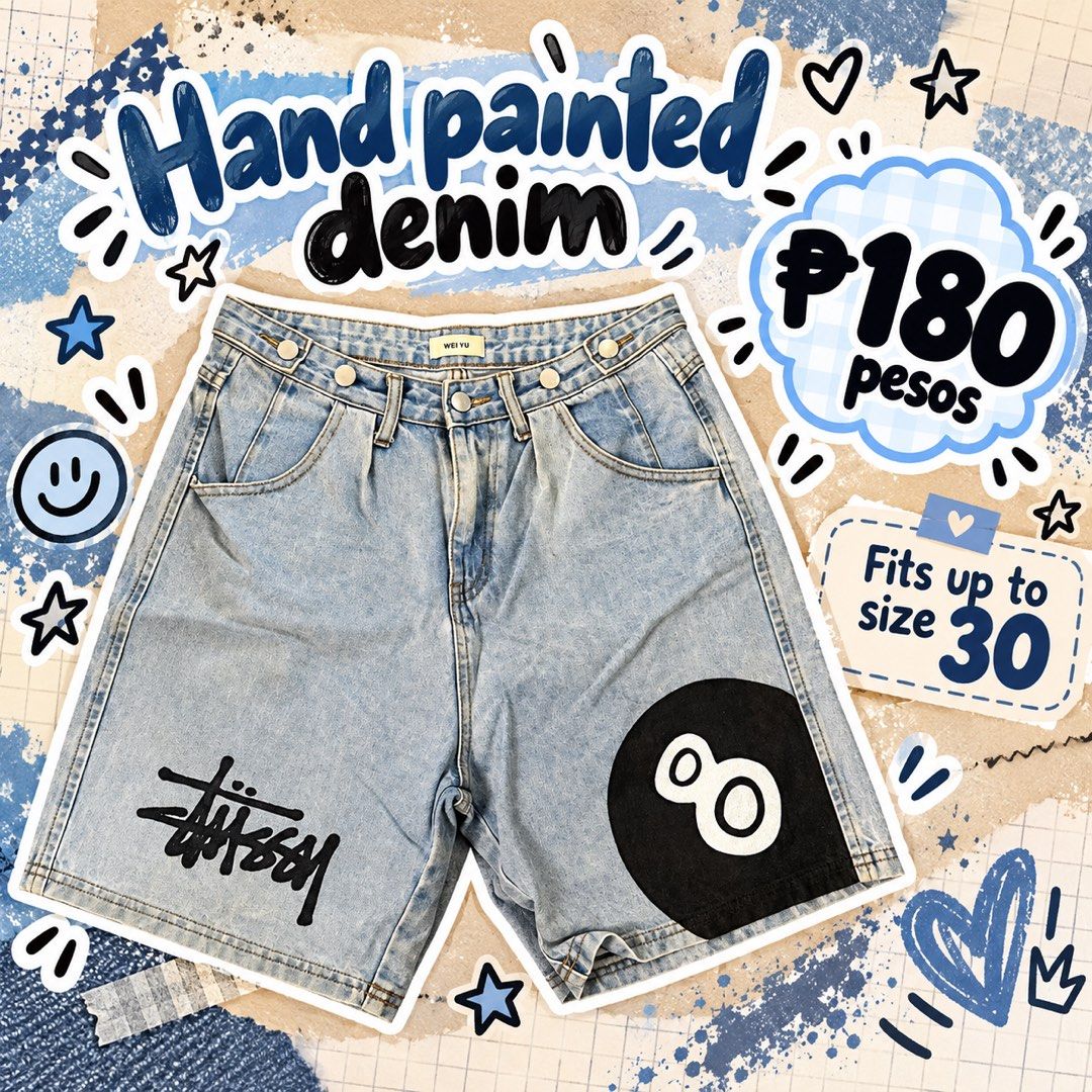 Custom Hand Painted Denim Shorts (Category: Shorts) located in Iloilo. Submitted by andreaaudine.j (Listing ID 1466969697, Image 3). Description: - Custom black denim shorts - Sturdy, high-quality fabric - Durable paint work - Great addition to any streetwear rotation - One-of-a-kind piece.