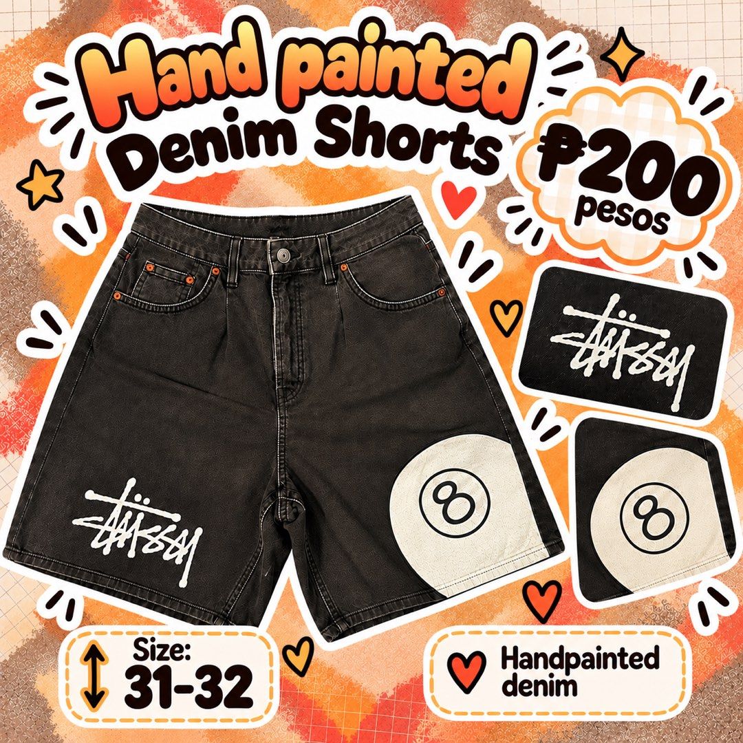 Custom Hand Painted Denim Shorts (Category: Shorts) located in Iloilo. Submitted by andreaaudine.j (Listing ID 1466969697, Image 1). Description: - Custom black denim shorts - Sturdy, high-quality fabric - Durable paint work - Great addition to any streetwear rotation - One-of-a-kind piece.