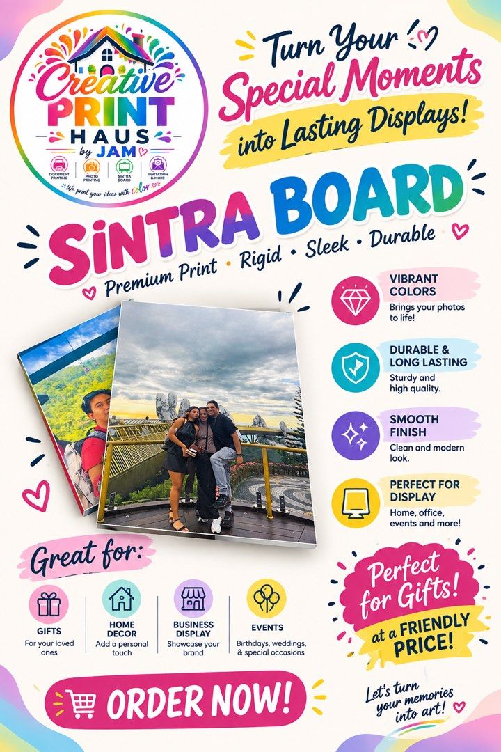 Custom Sintra Board Photo Prints - Creative Print Haus (Category: Art & Prints) located in Manila. Submitted by kitbizshop2026 (Listing ID 1466865332, Image 1). Description: - High-quality custom Sintra board prints - Rigid, sleek, and durable with a smooth finish - Vibrant, long-lasting colors - Perfect for gifts, home decor, business displays, and events (birthdays, weddings, etc.) - Send your favorite photos to get started.