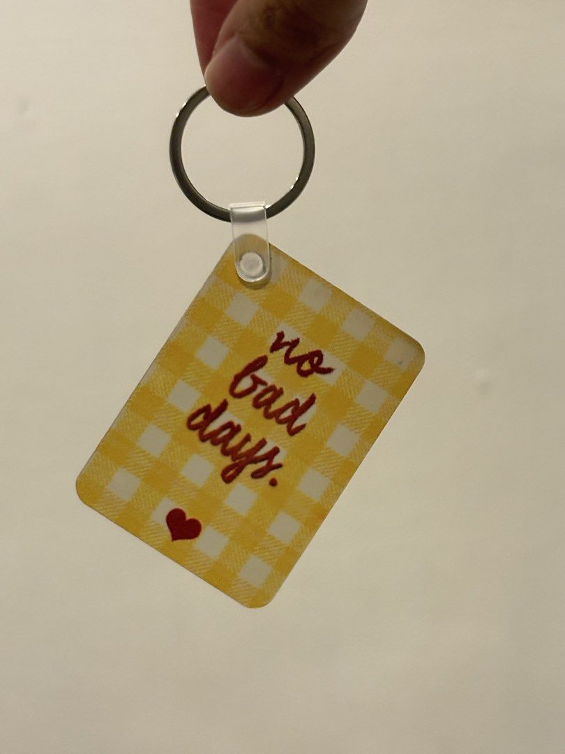 Customized Quote and Art Keychains (Category: Handmade Craft) located in Mandaluyong City. Submitted by shopwithjuu (Listing ID 1466798022, Image 2). Description: Super cute aesthetic keychains available in 4 designs: 'Ugh' quote, 'No Bad Days', Dalmatian in a headscarf, and Breakfast Club croissant. Features a sturdy metal keyring and clear strap. Perfect for keys and bags. Available as a set or individually—message me for your preferred design!