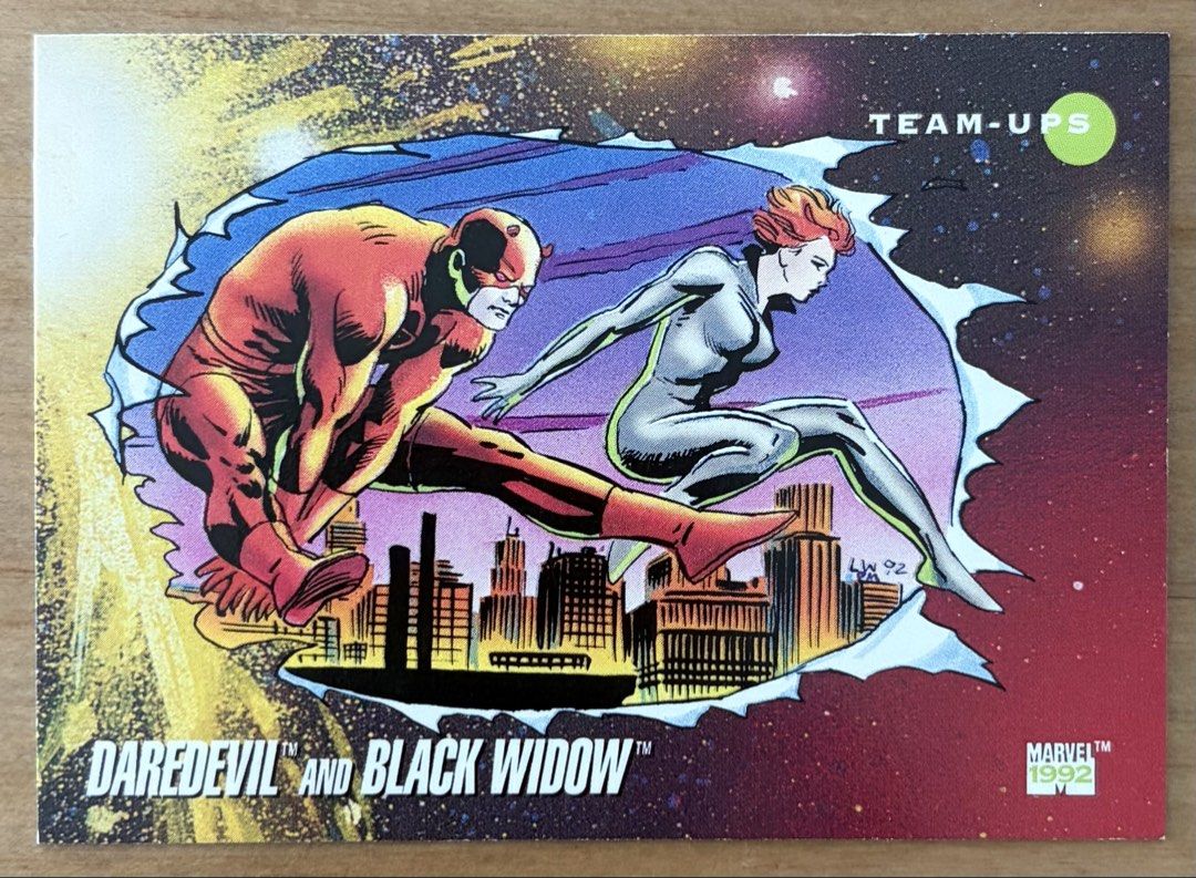 Daredevil & Black Widow | Marvel Cards ~ Impel '92 [Series III] (Category: Raw Singles) located in Makati City. Submitted by cardlab (Listing ID 1466969748, Image 1). Description: Items are 💯 authentic/original/legit. About The Card: • 1992 Impel • Card No. 93 • Team-Ups • Series III FOR: • Cards ₱99 and below with Card Sleeves • Cards ₱100 and up with Used Toploader • ₱10 for Bnew Tops Packaging (If Shipping): ✔️ Plastic cover ✔️ Cardboard ✔️ B