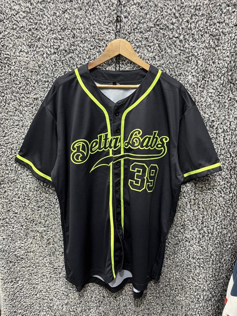 Delta Labs Baseball Jersey | Size XXL (Category: Tshirts & Polo Shirts ) located in General Trias. Submitted by zrchustle.604 (Listing ID 1466969829, Image 1). Description: custom black and neon green baseball jersey featuring the script text "Delta Labs" alongside the player number 39..