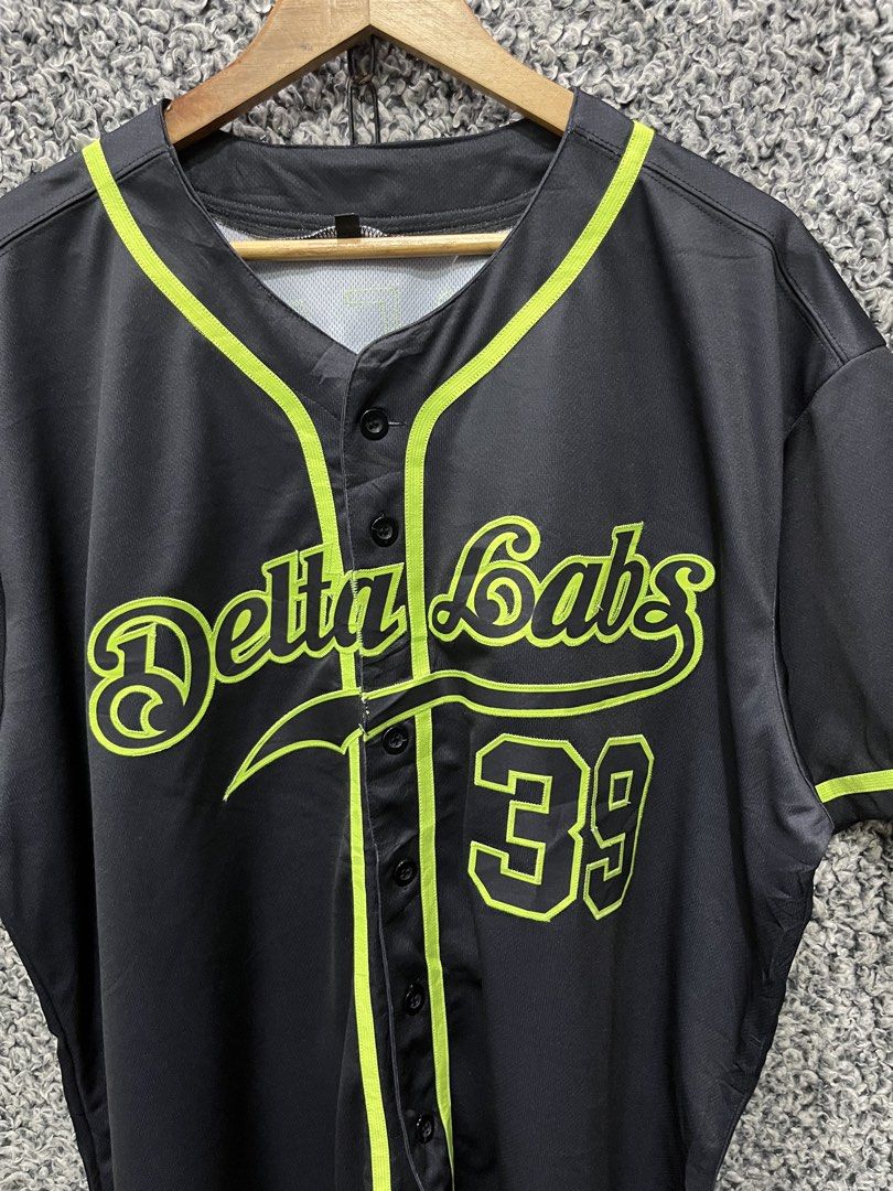 Delta Labs Baseball Jersey | Size XXL (Category: Tshirts & Polo Shirts ) located in General Trias. Submitted by zrchustle.604 (Listing ID 1466969829, Image 2). Description: custom black and neon green baseball jersey featuring the script text "Delta Labs" alongside the player number 39..